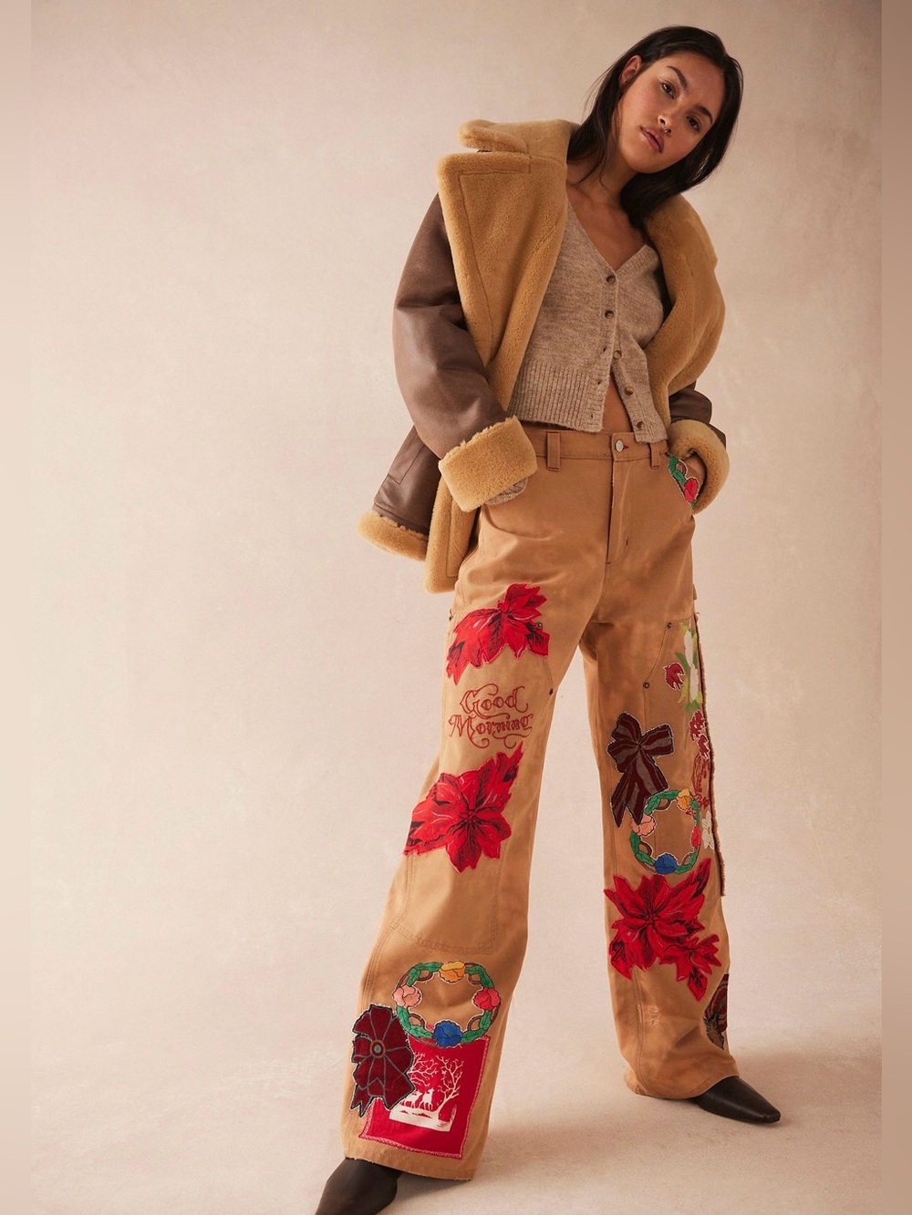 NWT Free People Bright Time Craft Pant We The Free Applique Print Size 4 Holiday